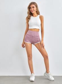 Muchica Wide Waistband Contrast Binding Marled Knit Shorts - Baby Pink - View 5