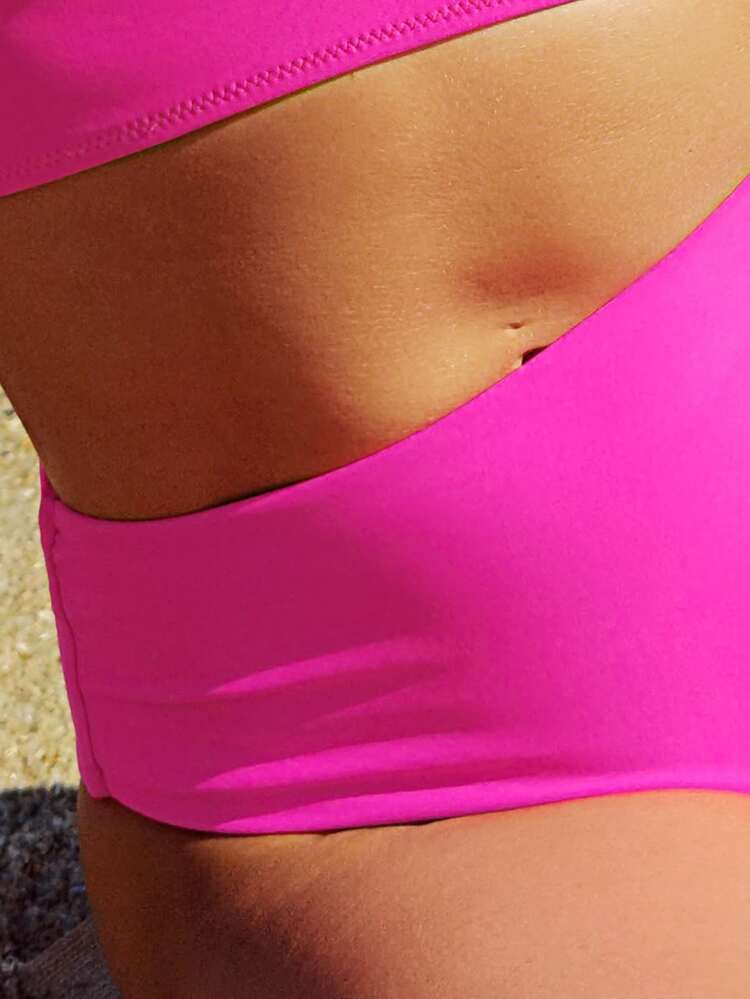 Tie Back High Waisted Bikini Set - Hot Pink - View 4