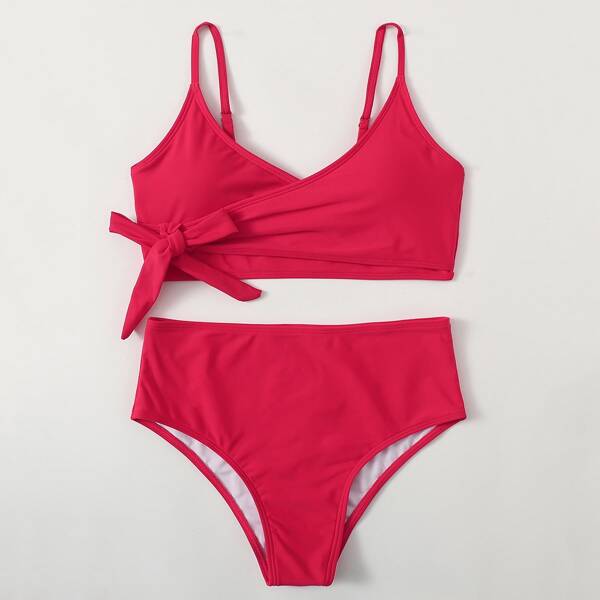 

Knot Side High Waisted Bikini Swimsuit, Red