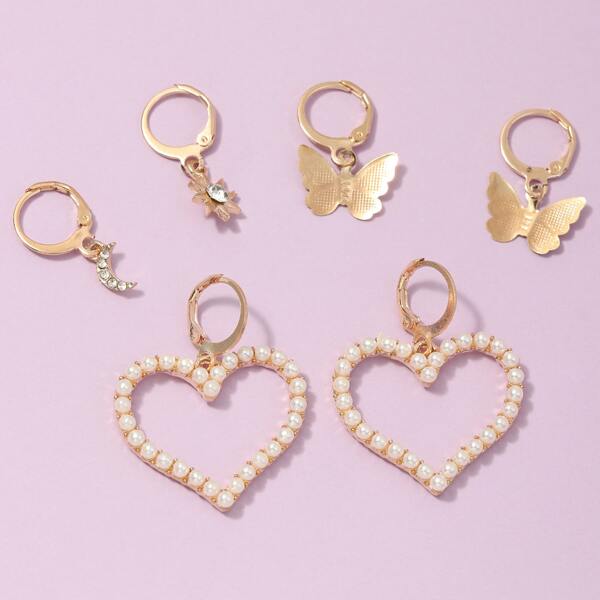

3pairs Faux Pearl Decor Heart Charm Earrings, Gold