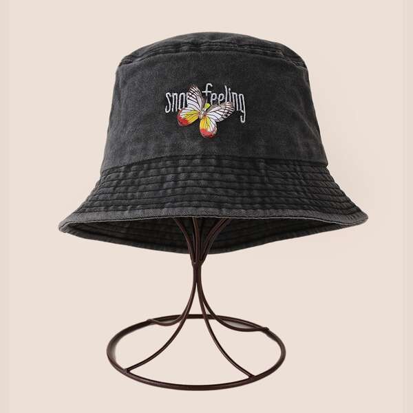 

Letter Embroidered Bucket Hat, Black