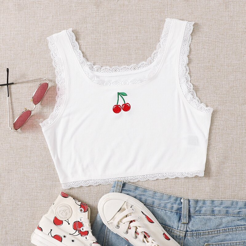 

Embroidery Cherry Lace Edge Tank Top, White