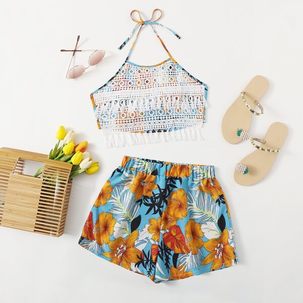 

Floral Print Tassel Trim Halter Top & Shorts, Multicolor
