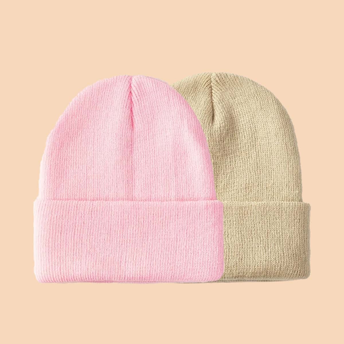 

2pcs Simple Plain Beanie, Multicolor