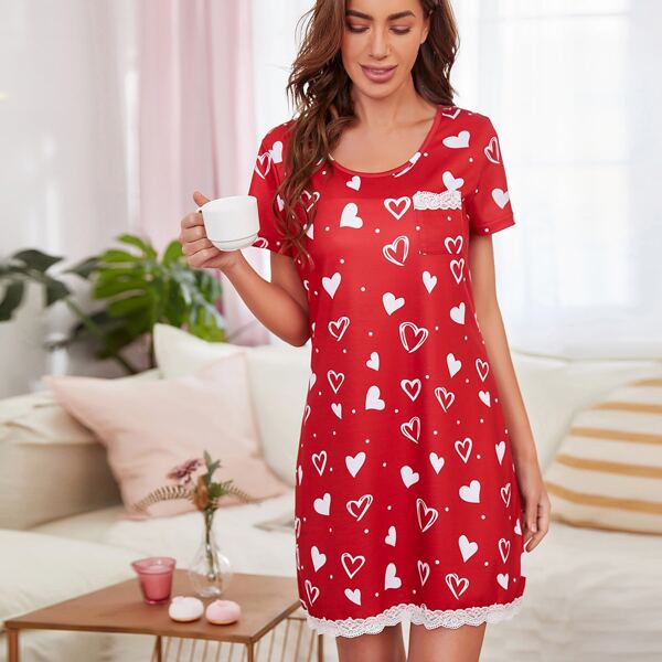 

Heart Print Contrast Lace Night Dress, Red