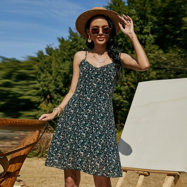

Ditsy Floral Tie Shoulder Cami Dress With Liner, Multicolor