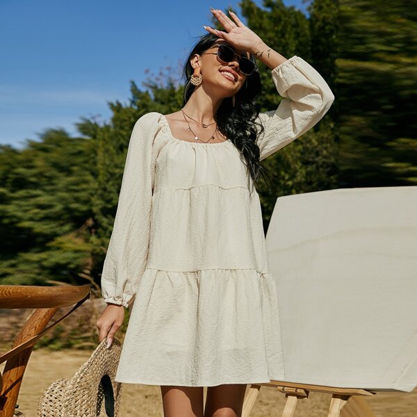 

Solid Scoop Neck Smock Dress, Beige