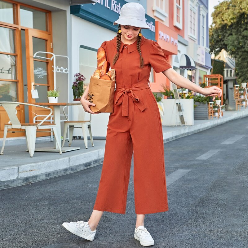 

Peter Pan Collar Slant Pocket Belted Jumpsuit, Burnt orange