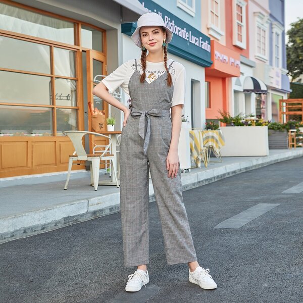 

Plaid Print Zipper Back Belted Cami Jumpsuit, Grey