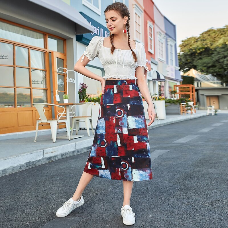

All Over Print Zipper Back Skirt, Multicolor