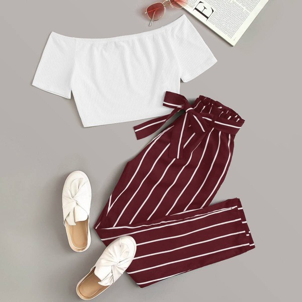 

Rib-knit Bardot Crop Top & Paperbag Waist Belted Pants Set, Red and white