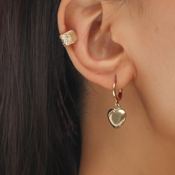

1pair Heart Drop Earrings & 2pcs Ear Cuff, Gold