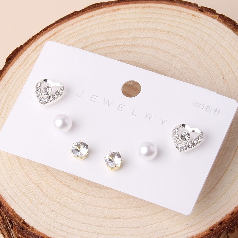 

3pairs Rhinestone Heart Stud Earrings, Silver