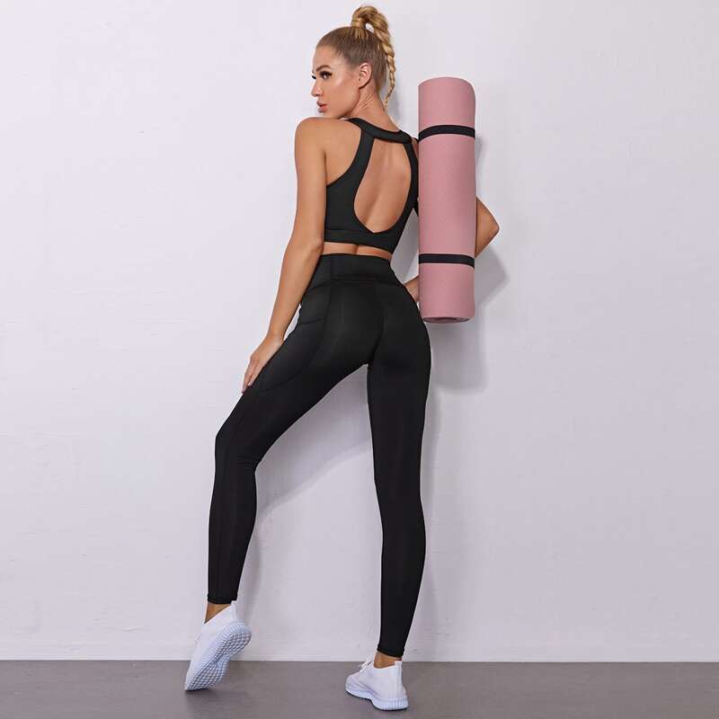 

Backless Solid Sports Bra & Leggings, Black