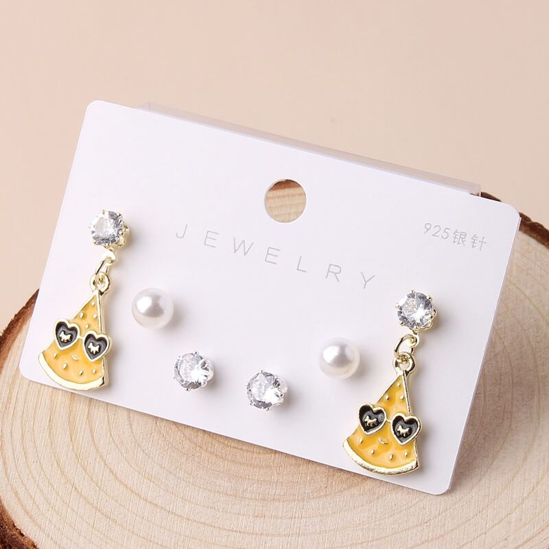 

3pairs Cartoon Pizza Earring Set, Yellow