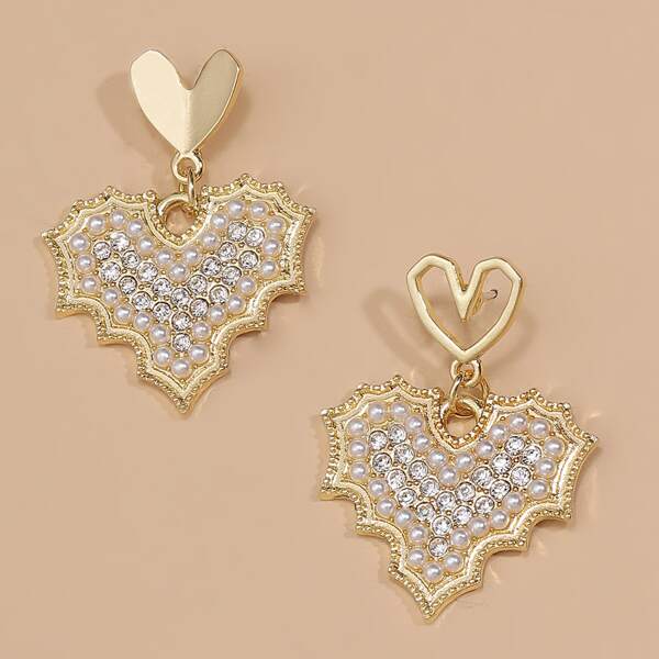 

Faux Pearl Decor Heart Drop Earrings, Gold