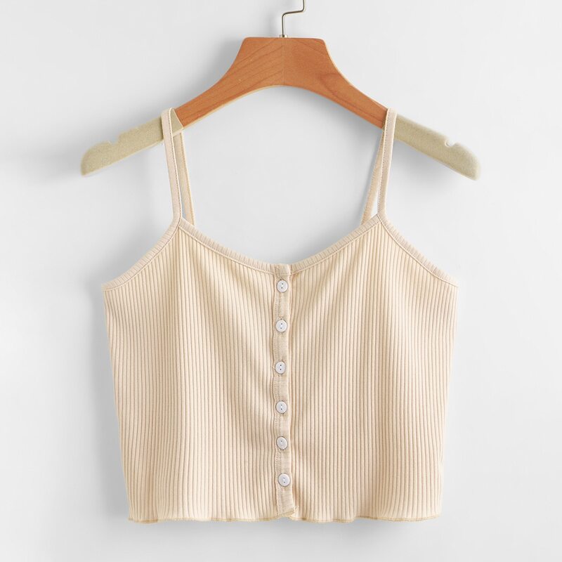 

Solid Button Front Ribbed Cami, Beige