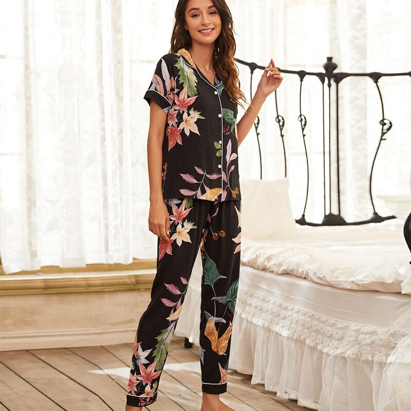 

Contrast Binding Tropical Print Pajama Set, Multicolor
