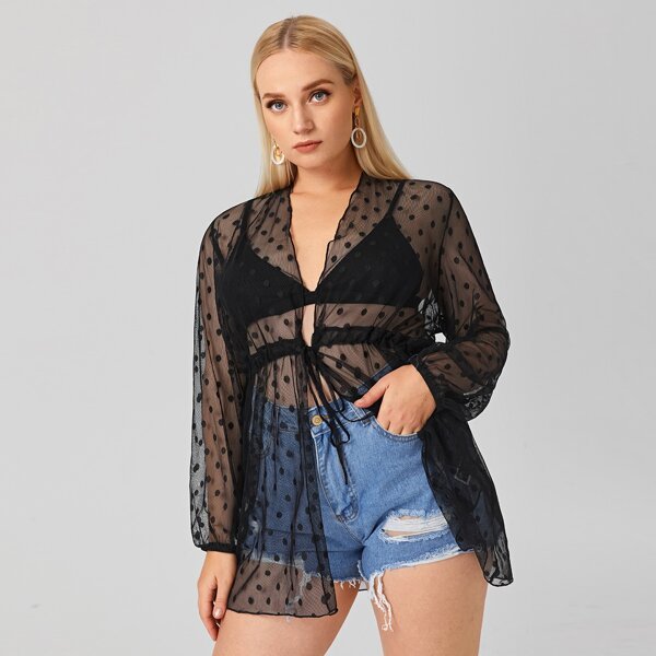 

Plus Dobby Mesh Sheer Tie Front Kimono Without Bra, Black