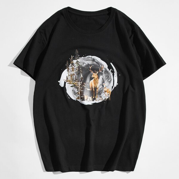 

Men Deer And Graphic Print Tee, Black