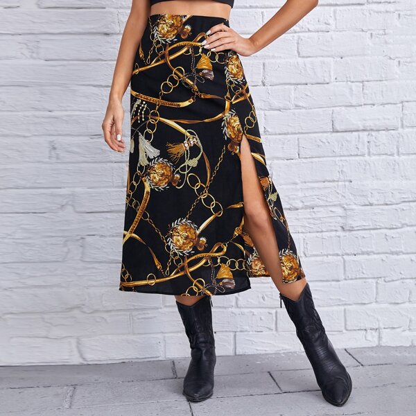 

Chain Print Split Skirt, Multicolor