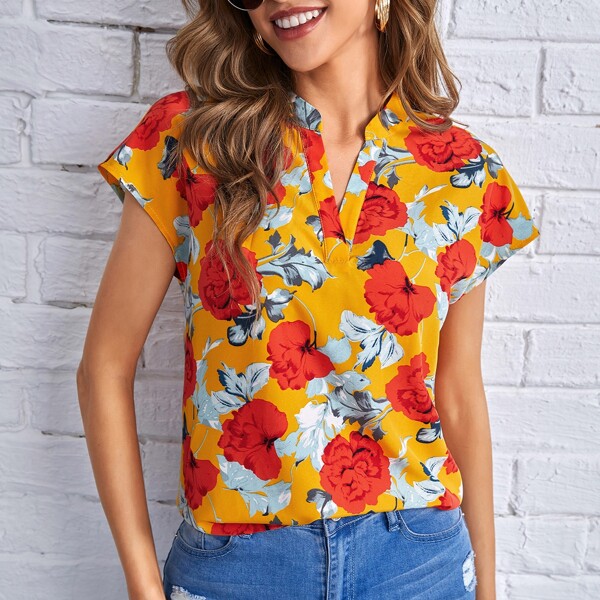 

Allover Floral Print Notch Neck Blouse, Multicolor