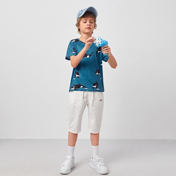 

Boys Cartoon Dolphin Print Tee, Teal blue