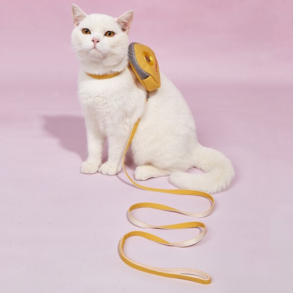 

1pc Flower Embroidery Pet Collar & 1pc Pet Harness, Yellow