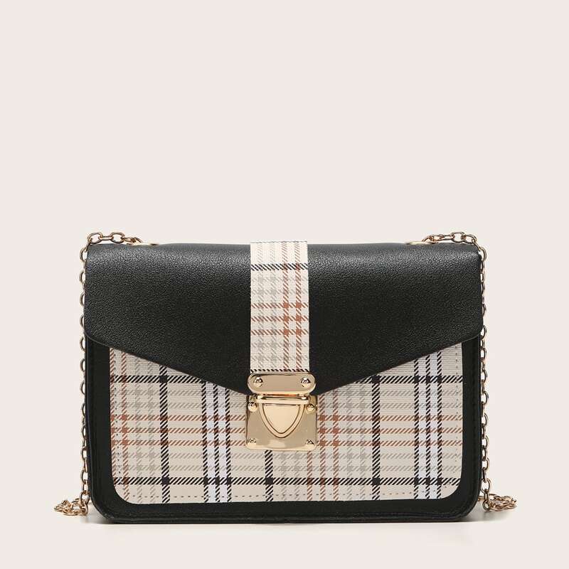 

Plaid Chain Crossbody Bag, Black