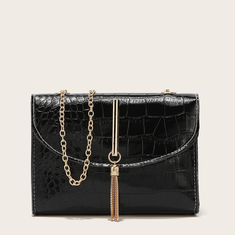 

Croc Embossed Tassel Crossbody Bag, Black