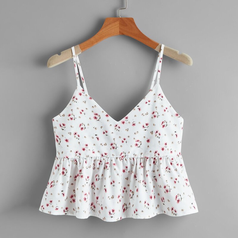 

Ditsy Flower Ruffle Hem Crop Cami, White