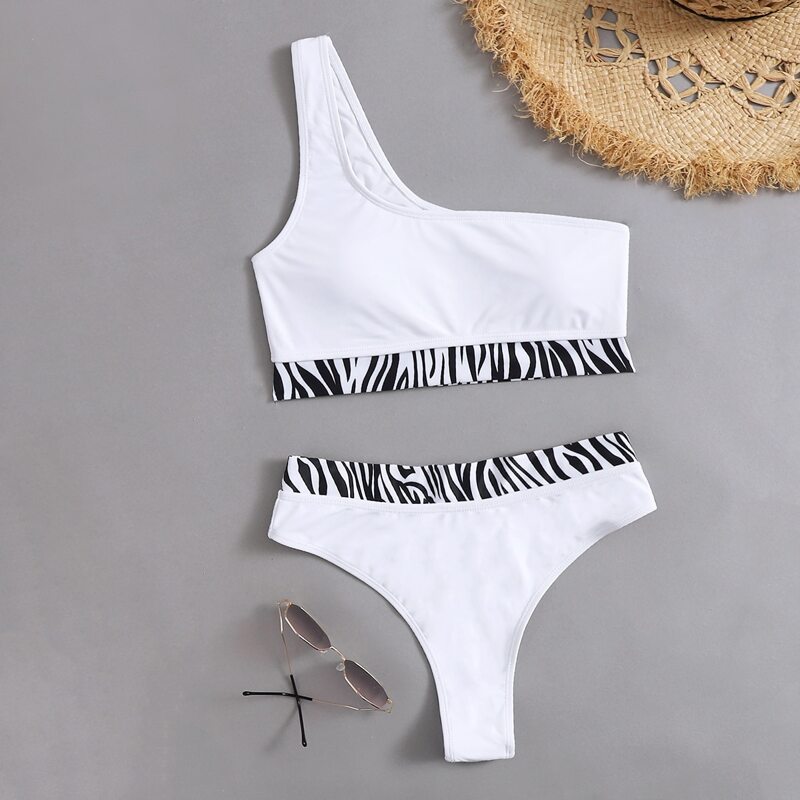

Zebra Stripe One Shoulder Bikini Swimsuit, Black and white