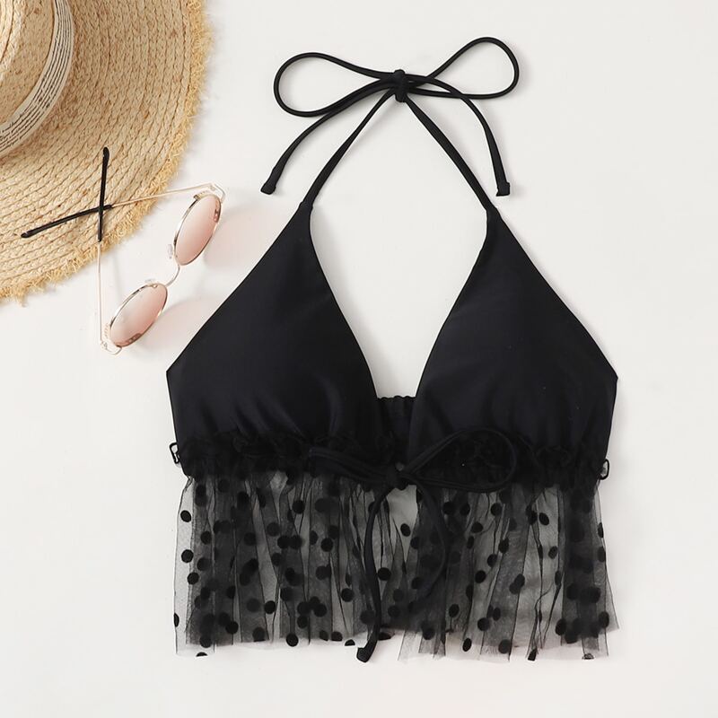 

Polka Dot Mesh Bikini Top, Black