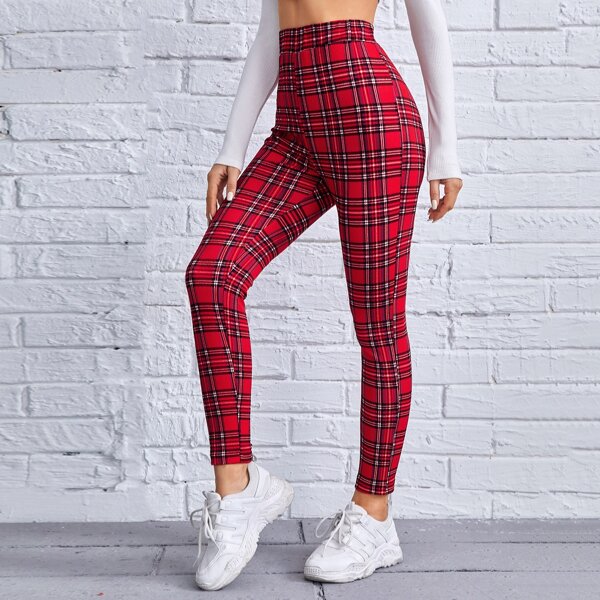 

Plaid Elastic Waist Skinny Pants, Burgundy