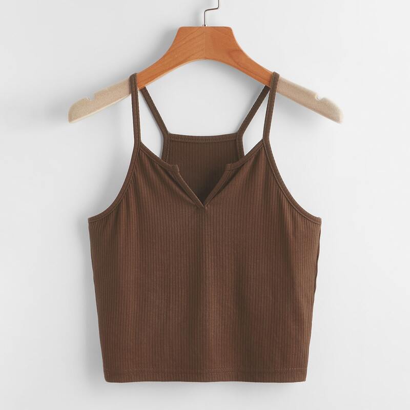 

Solid Notched Ribbed Cami, Coffee brown