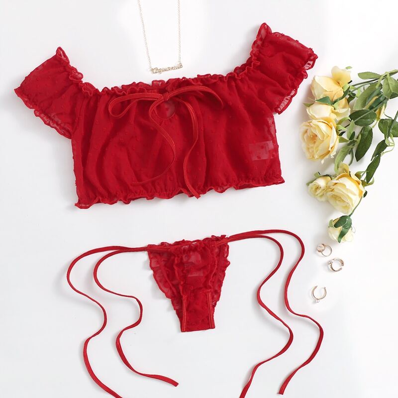 

Swiss Dot Tie Lingerie Set, Red