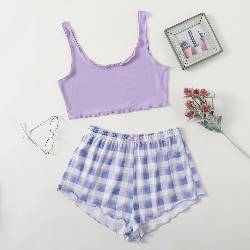 

Plaid Lettuce Trim PJ Set, Purple