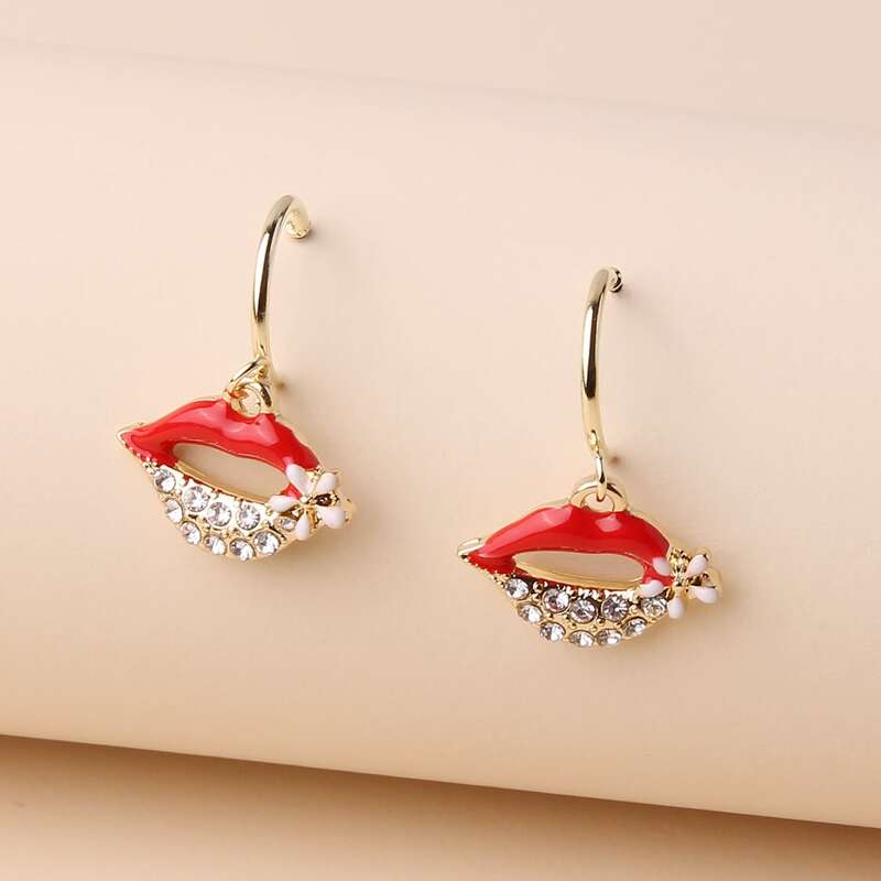 

Rhinestone Lip Drop Earrings, Red