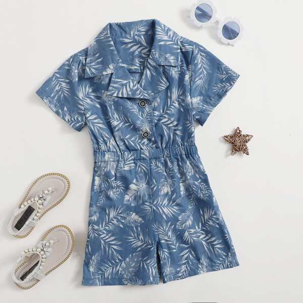 

Toddler Boys Leaf Print Button Front Denim Romper, Medium wash