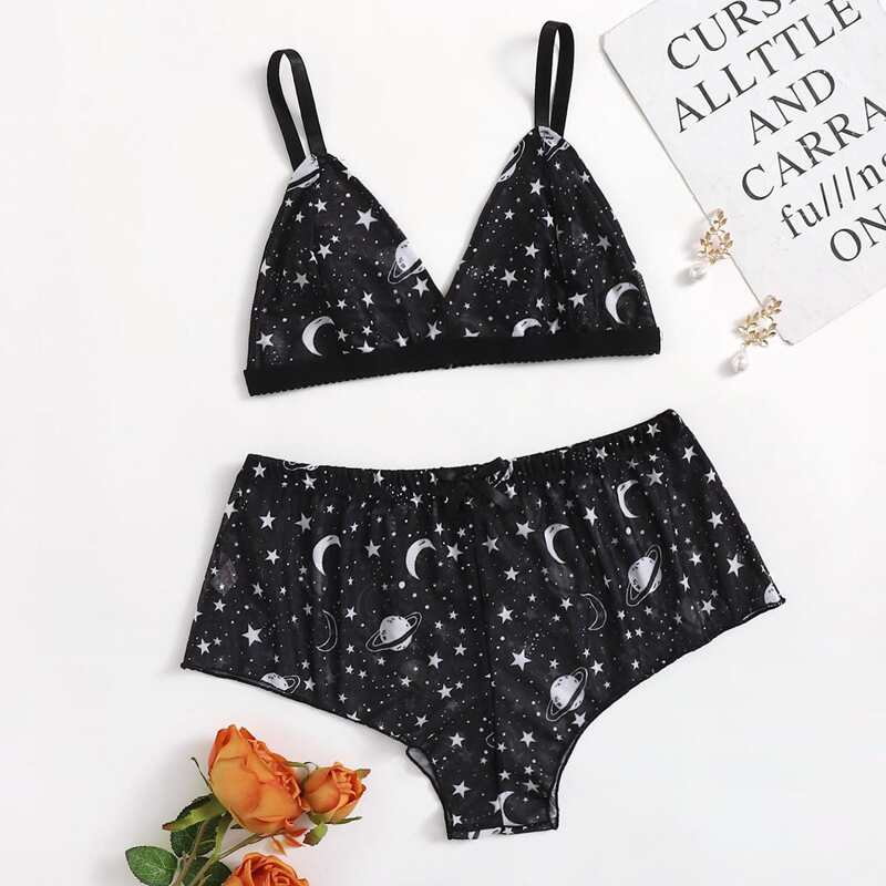 

Galaxy Pattern Mesh Shorts Lingerie Set, Black