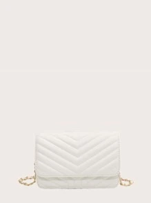Chevron Flap Chain Crossbody Bag - Beige - View 1