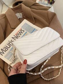 Chevron Flap Chain Crossbody Bag - Beige - View 3