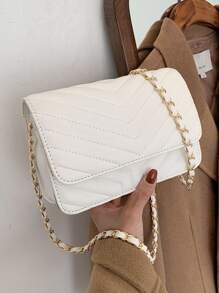 Chevron Flap Chain Crossbody Bag - Beige - View 4