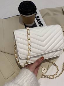 Chevron Flap Chain Crossbody Bag - Beige - View 5