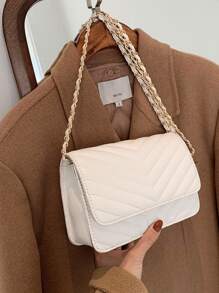 Chevron Flap Chain Crossbody Bag - Beige - View 6