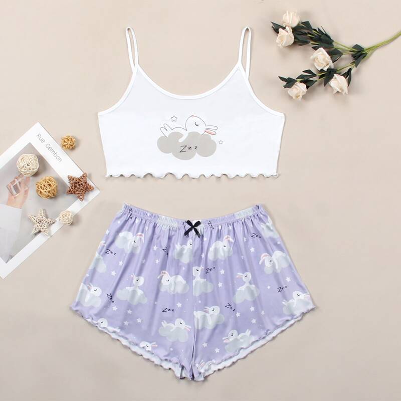 

Cartoon Rabbit Lettuce Trim Cami Top & Shorts PJ Set, Multicolor