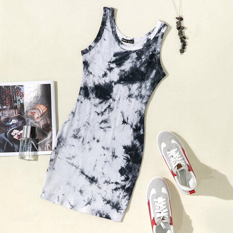 

Tie Dye Rib-knit Bodycon Dress, Black and white