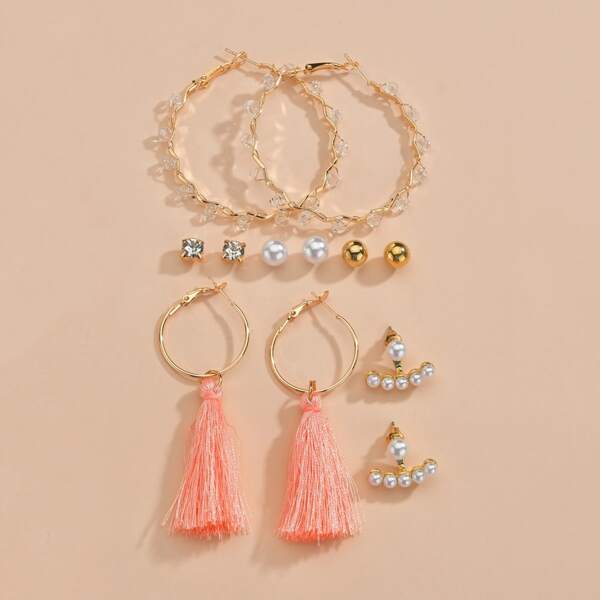 

6pairs Faux Pearl Decor Tassel Charm Earrings, Multicolor