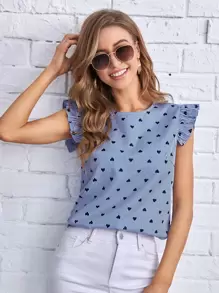 Striped And Heart Print Ruffle Trim Blouse - Blue and White - View 1
