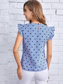 Striped And Heart Print Ruffle Trim Blouse - Blue and White - View 2
